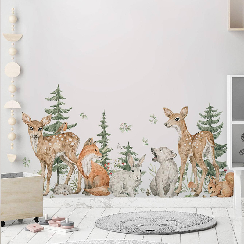 Baby Nursery Plants - Cartoon Acquerello Foresta Animali Cervo Pianta