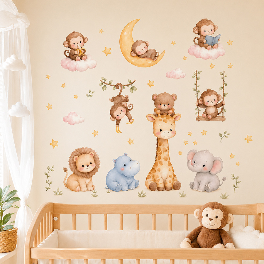 Baby Nursery Jungle Wallpaper - Adesivi Murali con Animali della Giungla