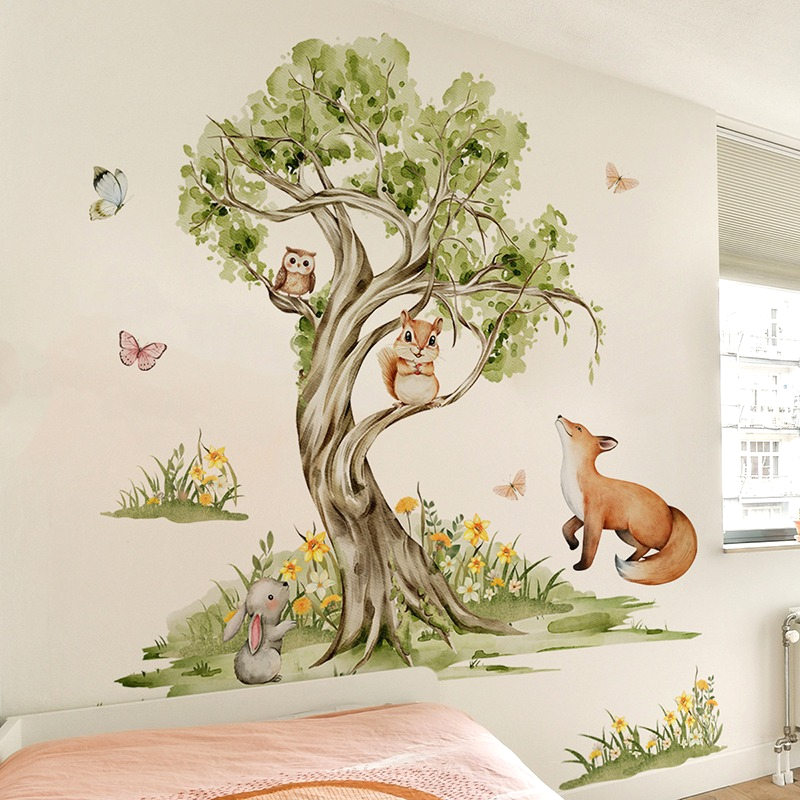 Baby Nursery Jungle Wallpaper - Acquerello Foresta Grande Albero Animali Adesivo